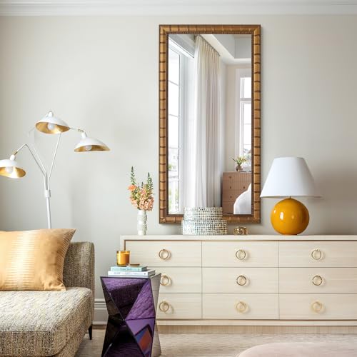 Image of Large Decorative Mirror for Wall, 60'' x 30'' Antiuqe Warm Gold Living Room Mirrors with Bamboo-Joint Frame, Classic Vintage Gold Wooden Mirror, Horizontal /Vertical