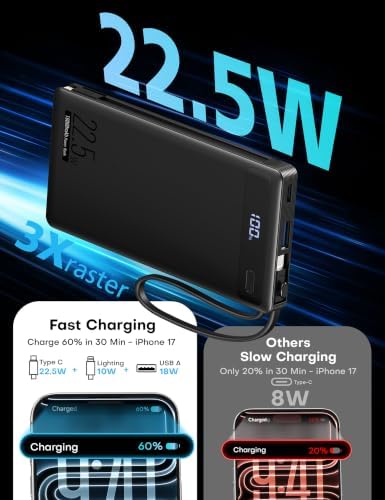 2Pack-10000mAh 22.5W Portable Charger Power Bank,Built-in Cables,WH&BLK - 1