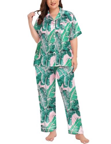 Image of SWOMOG Women's Plus Size Pajamas Silk Satin Pajama Set Short Sleeve Shirt with Full-Length Pants Pjs Sleepwear Set 18W-26W