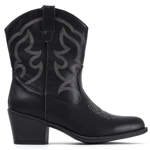 Image of IXU Cowboy Boots for Women Wide Suede Ankle Western Cowgirl Boots Mid Calf Pointed Toe Short Chunky Classic Booties