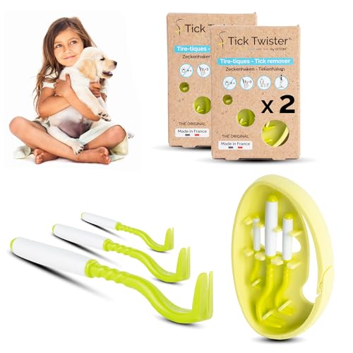 Tick Twister Tire Tique pour Chien, Chat et Humain (Lot de 2 Sets de 3) - Retrait Facile, Rapide et sans Douleur – Pince à Tique avec Boîte de Rangement, Idéal en Voyage et à la Maison (Vert, 2 Sets)
