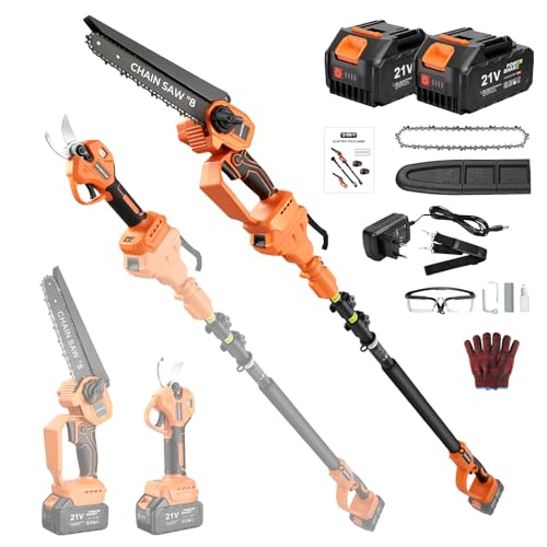 4-in-1 Akku-Hochentaster, 20cm Mini-Kettensäge & elektrische Gartenschere mit bürstenlosem Motor, automatischer Ölung 4,5 m Reichweite, 2 x 21V 4,0 Ah Akkus für Baumschnitt & Holzbearbeitung