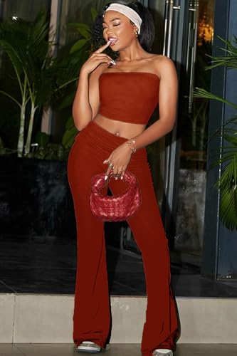 Image of Sexy Women's 2 Piece Lounge Sets Pajama Outfits Casual yoga Crop tube Top High Waist Wide Leg Foldover Flare Pants