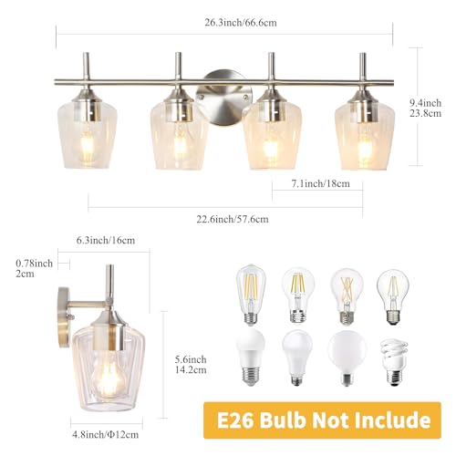 Image of foucasal Bathroom Light Fixtures 4-Light Brushed Nickel Bathroom Vanity Light with Clear Glass Shade, Modern Wall Lights for Bedroom Hallway Living Room (Nickel, 4-Light)