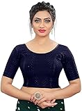 AL KASEEN Round Neck Dobby Cotton Lycra Stretchable Elbow Sleeve Readymade Saree Blouse for Women Stylish (Navy Blue, 30-36)
