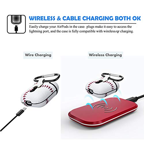 Njjex Airpods Case, Airpods Pu Leather Hard Case, Portable Protective Shockproof Earphone Accessories Cover W/Carabiner/Keychain Compatible For Apple Airpods 1/ Airpods 2 Charging Case [Baseball] #TOP4