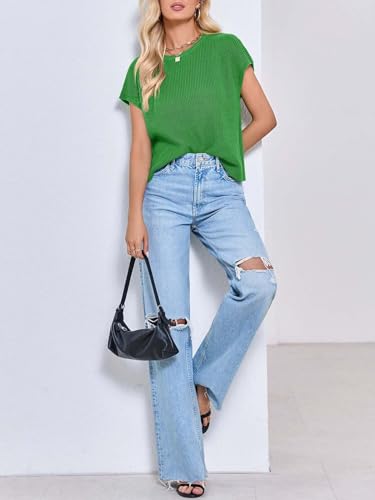Image of Saodimallsu Womens Cap Sleeve Crop Tops Summer Trendy Going Out Crew Neck Loose Knit Cropped Sweater Vest Tank Top
