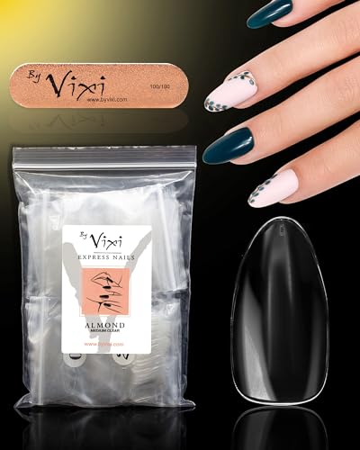 By Vixi 600 SET DE UÑAS MEDIANO ALMENDRA con LIMA DE PREPARACIÓN, 10 tamaños - de uñas postizas exprés de cobertura total Clara para profesionales de salón y uso doméstico