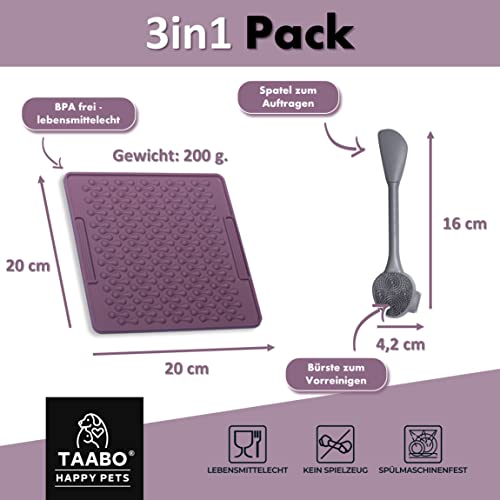 TAABO - Leckmatte inkl. Spatel mit 64 Saugnäpfen für Hund & Katze aus lebensmittelechtem Silikon (20x20cm) - Schleck-Matte zur Beschäftigung - Hunde & Katzen Leckerli-Matte BPA-Frei, Spülmaschinenfest