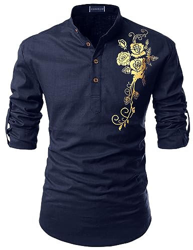 Image of Zombom Men's Casual Cotton Polyester Blend Printed Full Sleeve Short Kurta Shirt