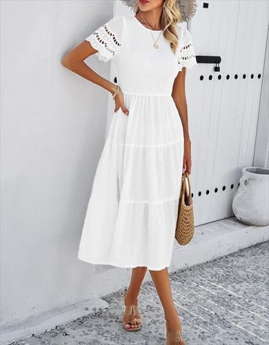 Image of Sumleno 2026 Women's Summer Midi Dresses Short Sleeve Smocked Tiered Dress Vacation Beach Wedding Guest Elegant Boho Sundress