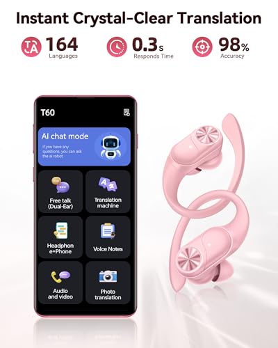 Image of PocBuds Bluetooth Headphones Wireless Earbuds 80hrs Playtime Wireless Charging Case Digital Display Sports Ear Buds with Earhook Deep Bass IPX7 Waterproof Over-Ear Earphones for TV Phone Laptop Pink