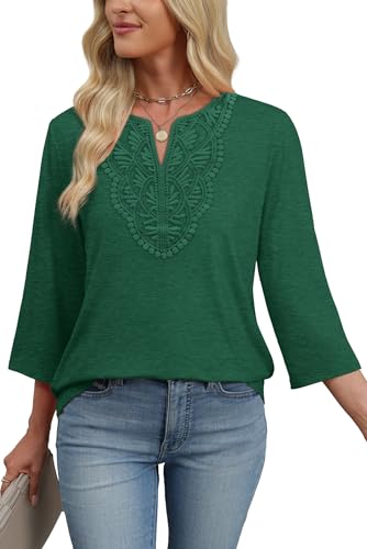 Image of WIHOLL 3 /4 Length Sleeve Womens Tops Boho V Neck Lace Shirt Trendy Blouses Dressy Casual Vacation Clothes S-3XL