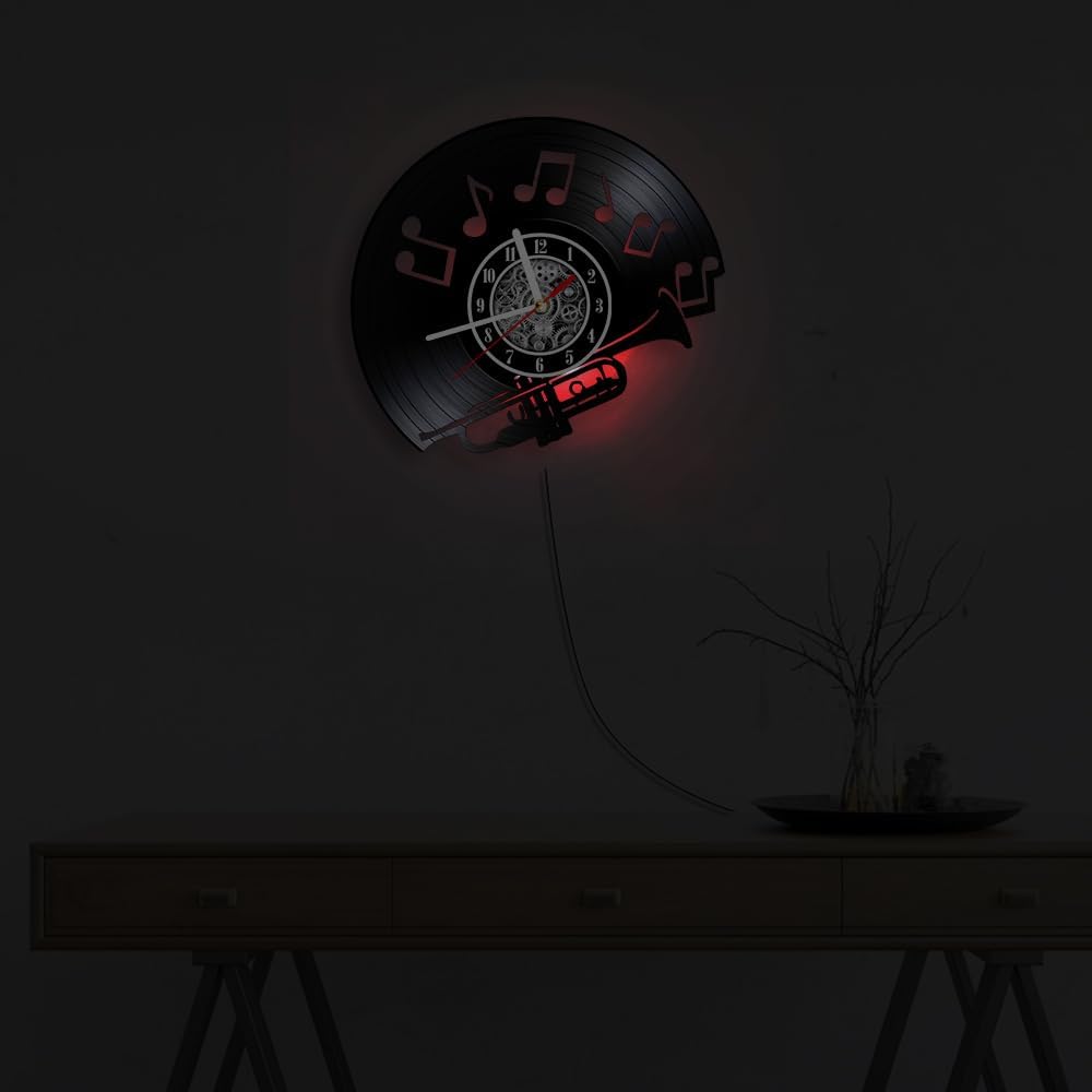 The Geeky Days Jazz Band Trumpet Player Laser Cut Vinyl LP Record Wall Clock with LED Backlight Symphony Musical Home Accent Decorative Timepieces Night Light Wall Clock Glow in Dark Musician Gifts