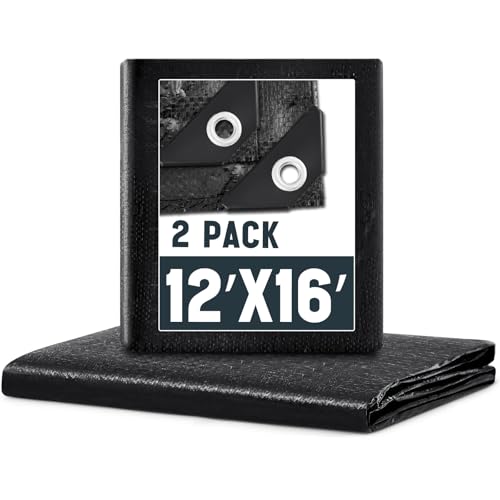 Image of 2 Pack 12 x 16 ft 5.5 Mil Large Waterproof Tarps Heavy Duty Multipurpose Protective Cover for Home Boats RVs Cars Camping Tent Patio Furniture Roof Emergency Rain Shelter, Black