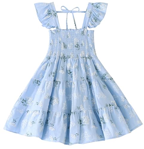 Image of RJXDLT Toddler Dress Baby Girls Cotton Linen Ruffle Sleeve Tiered Swing Casual Summer Boho Dresses 892 Blue Floral 90