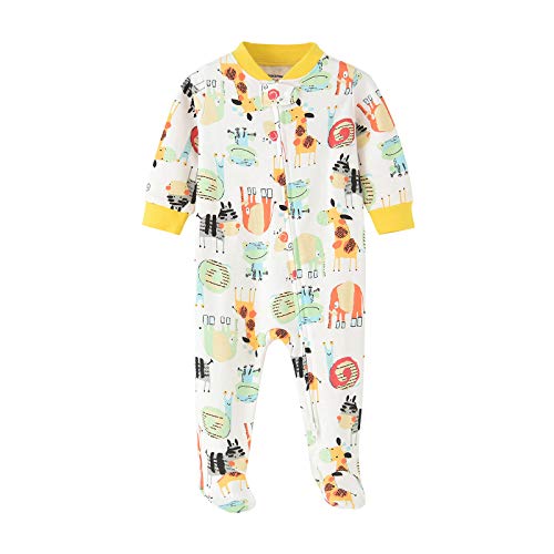 Baby Boys Girls Footed Pajamas Cotton Long Sleeve Printing Stripes 2 Way Zipper Romper Jumpsuit 0-12 Months (Yellow/Zoo, 6-12 Months)