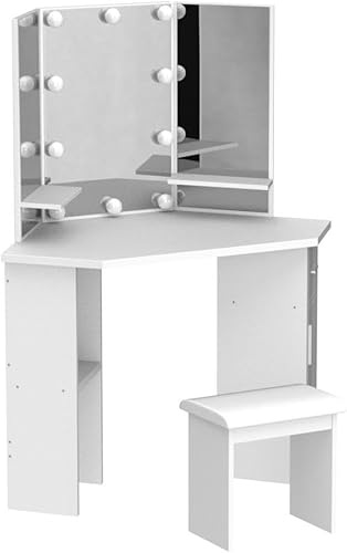 Miniatura 4 de Cozy Castle Juego de tocador de esquina escritorio de tocador de maquillaje con espejo y luces mesa de tocador con cajón y estante ajustable para