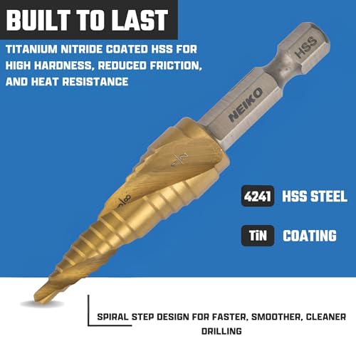 Image of NEIKO 10617A Step Drill Bit, 2 Steps 3 /8 inch to 1 /2 inch Spiral High Speed Steel, Titanium Nitride Coated, 1 /4 inch Quick Change Step Bits for Steel, Metal, Wood, Plastic, Unibit Cone Drill Bits, Two Flute
