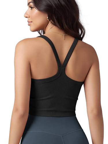 ODODOS Women's Seamless Crop Cami Wide Scoop Neck Ribbed Soft Open
