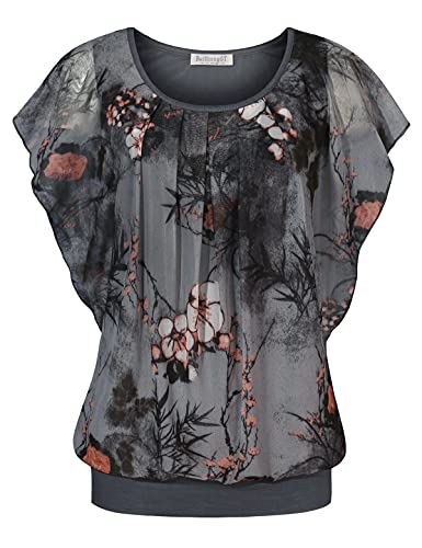 BAISHENGGT Women's Summer Floral Batwing Short Sleeve Mesh Blouse