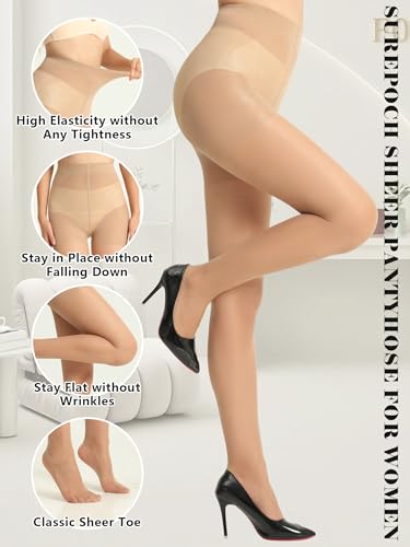 Image of SUREPOCH 20D Sheer Tights Control Top Black Pantyhose for Women Tummy Control Nylon Stockings