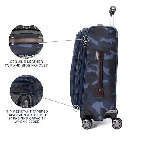 Image of Travelpro Platinum Elite Softside Expandable Carry on Luggage, 8 Wheel Spinner Suitcase, USB Port, Suiter, Men and Women, Navy Camouflage, Carry On 21-Inch