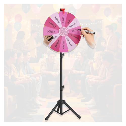 RVOWTAGL 60cm Ruleta De La Suerte Altura Ajustable 100-200cm, Roda De Premio con Marcador Borrable y Borrador para Palabras Fiestas Carnaval,Pink