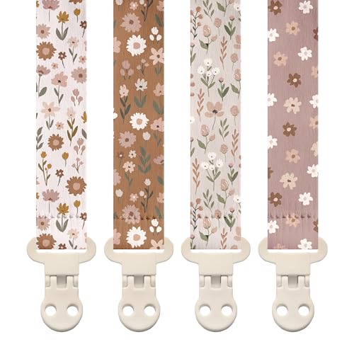 Image of Stadela Baby Pacifier Clip Holder - Girl or Boy Unisex 4 Pack Gift Set - Boho Modern Neutral Floral Beige Yellow Brown Colors (Flora)