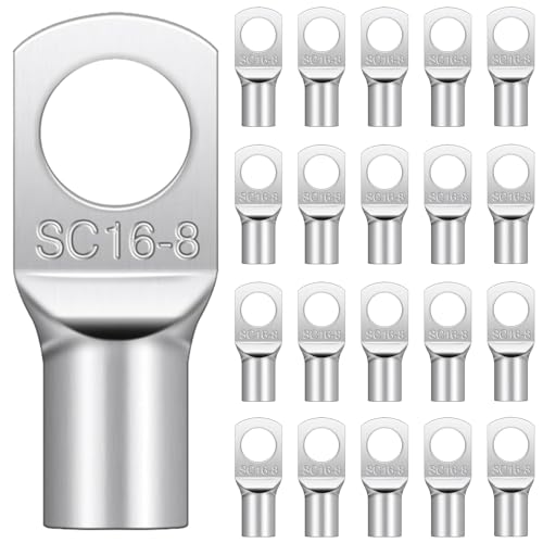 20 Pcs Cable Lug Terminals Connectors M8, SC16-8 Uninsulated Copper Tube Cable Lugs 16mm², Ring Lugs Connector M8, Terminals Connectors Tinned Copper Crimp Lugs for Auto, Boat(SC16-8)