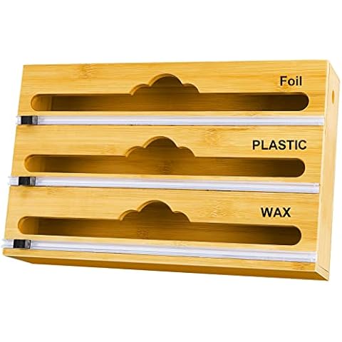 Wrap Dispenser with Cutter, Aluminum Foil and Plastic Wrap Organizer for Drawer, 3 in 1 Bamboo Roll Organizer Storage Holder, Wax Paper, Parchment Paper, Tin Foil Dispenser for Kitchen Cabinet Cover
