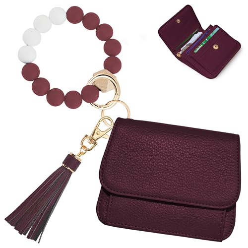 Image of Keychain Wallet for Women,RFID Wristlet Wallet with Beaded Strap | Tri-Fold Design,6 Card Slots,ID Window,Zipper Coin Pocket,Lightweight Carry