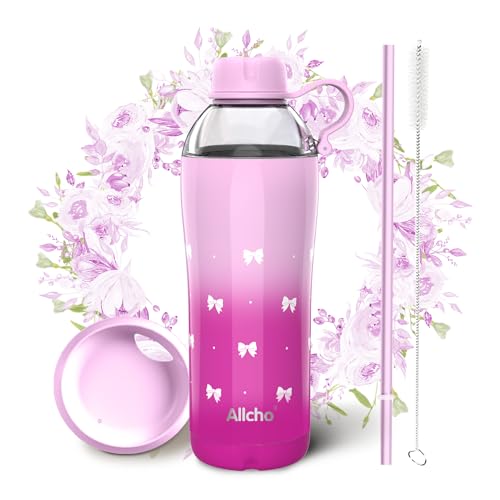 Image of Bow Insulated Water Bottle for Women, 18 oz Stainless Steel Water Bottles, Double Walled, 2 Lids (Chug & Tumbler) - Hydrate & Caffeinate, Available Gift Wrapping
