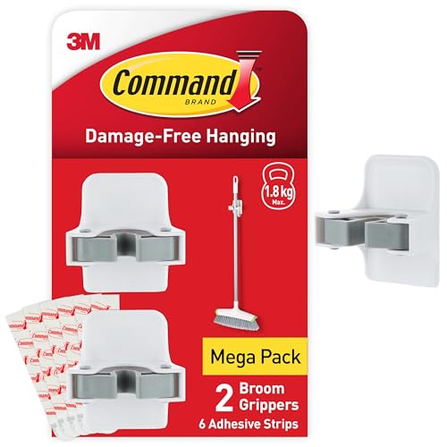 Command Broom Gripper, 2 Broom Holders and 6 Adhesive Strips - Suitable for Storing Brooms and Mops - Damage Free Hanging (Packaging may vary)