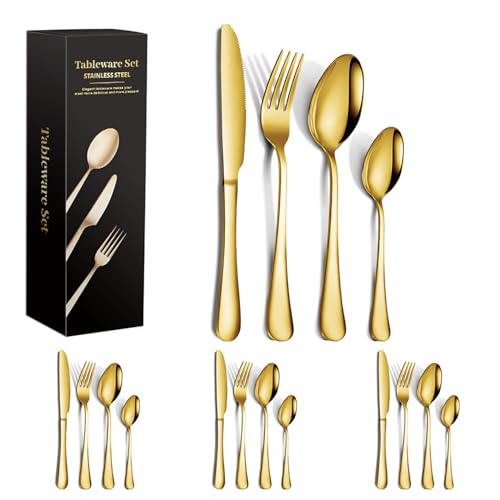 16-Piece Golden Silverware Cutlery Set Service for 4, Stainless Steel Flatware Set, Including Spoons/Forks/Knives Tableware Utensil Set for Kitchen/Home/Restaurant, Mirror Polished, Dishwasher Safe