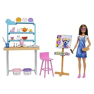 Barbie Bien-être Coffret Atelier d'art créer et se détendre, avec poupée, pâte à Modeler et Accessoires, Jouet pour Enfant, HCM85 41sWILQ0OIL. SS300