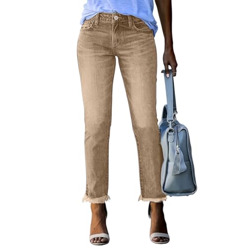 Straight Leg Jeans for Women High Rise Ladies Frayed Hem Boyfriend Jeans Denim Ankle Pants with Pockets