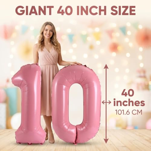 Image of Number 10 Balloon Foil Mylar Balloons for Birthday Party Decoration (Baby Pink, 40 Inch)
