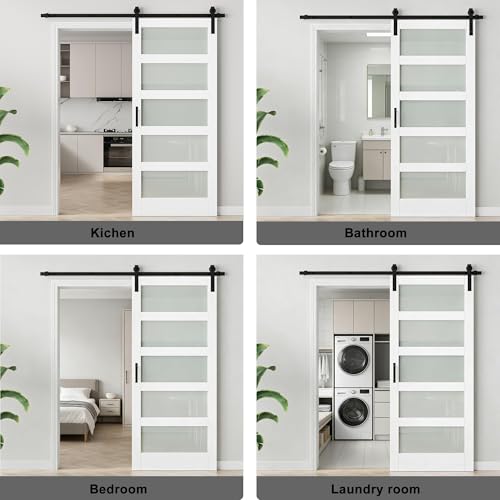 Image of 84 inchx84 inch Frosted Glass Barn Door with 14FT Sliding Hardware & Handle, White