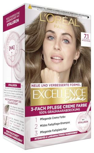 L'Oréal Paris Permanente Haarfarbe, 100% Grauhaarabdeckung, Haarfärbeset mit Coloration, Shampoo und 3-Fach Pflege Creme Farbe, Excellence Creme, 7.1 Mittelaschblond, 3 x 268 g