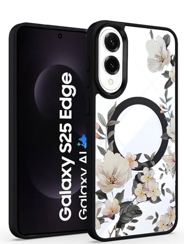 Image of VONZEE Case for Samsung Galaxy S25 Edge 5G | Retro Floral Clear Cover PC+TPU Shockproof | Magnetic Wireless Charging Compatible Glossy Phone Case (Black)