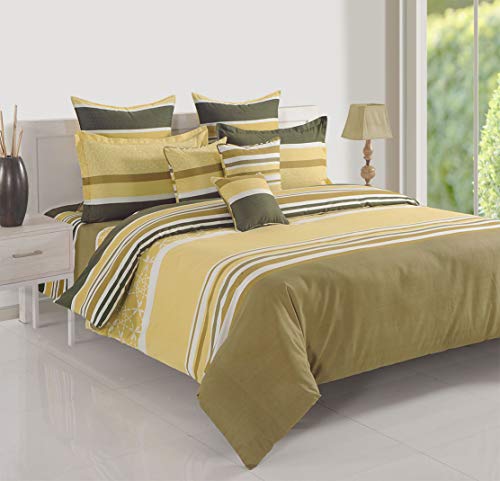 Image of Swayam Roto Cotton King Fitted Bedsheet with 2 Pillow Covers | Size 72 x 78 x 10 inch | 144 TC | Striped Design | Soft Breathable Bed Sheet | Comfortable & Durable for Bedroom - Yellow & Green
