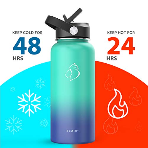 BUZIO Stainless Steel Water Bottle (Cold for 48 Hrs, Hot for 24 Hrs), 32 oz Vacuum Insulated Water Bottle with Straw Lid and Flex Cap (Double Wall, Wide Mouth, BPA Free, Leak Proof), Caribbean Blue