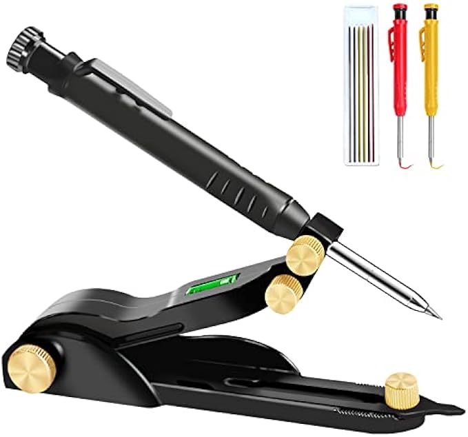MARSBASE Multi-function Scribing Tool with Carpenter Pencils Aluminum Alloy Scribe Tool with Deep Hole Pencil Built-in Level, Scriber Marking Tools for Woodworking Shape Duplication Gauge Line Marker