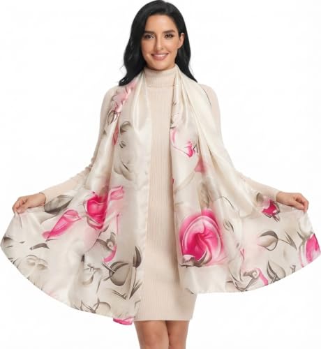 Image of Floral Printed Silk stole | silk Scarf for Women | stylish silk stole for women | Soft Lightweight Stole, Shawl & Neck Wrap | Scarf for Wedding, Party, Travel & Casual Wear