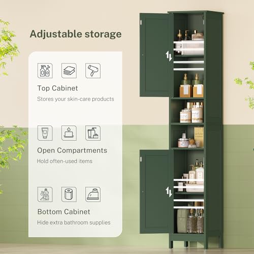 Image of TEENFON 67 inch Tall Bathroom Cabinet with Adjustable Shelves and Doors, Narrow Bathroom Storage Cabinet for Small Space, Living Room, Entryway, Kitchen, Green