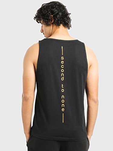 Image of Bewakoof Men's Second to None Typography Black Round Neck Sleeveless Oversized Vest