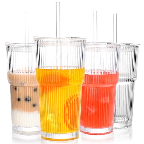 Amyoole 20 oz Ribbed Glass Tumblers With Lids and Straws,Clear Drinking Glasses Set of 4,Reusable Vintage Iced Coffee Cups,Leak Proof Thick Glass Cups for Juice,Cocktail,Smoothie,Beer,Boba by Amyoole - Used condition - US$18.61