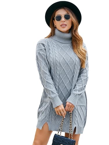 ZAFUL Women Turtleneck Sweater Dress Hollow Pullover Cable Knit Casual Long Sleeve Mini Dress
