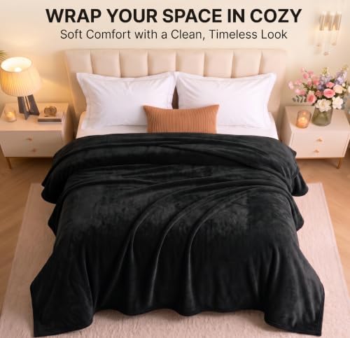 Image of BSB HOME Premium Flannel Blanket 280 GSM, Ultra Soft Plush & Cozy Warm Winter Blanket, Luxurious Double Bed Blanket for Adults, Elegant Solid Black Bedding, 90 x 86 Inches (230 x 220 cm) - Jet Black